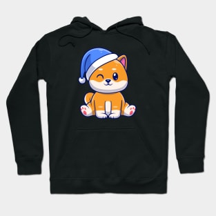 Cute Shiba Inu Dog Winter Sitting With Beanie Hat Cartoon Hoodie